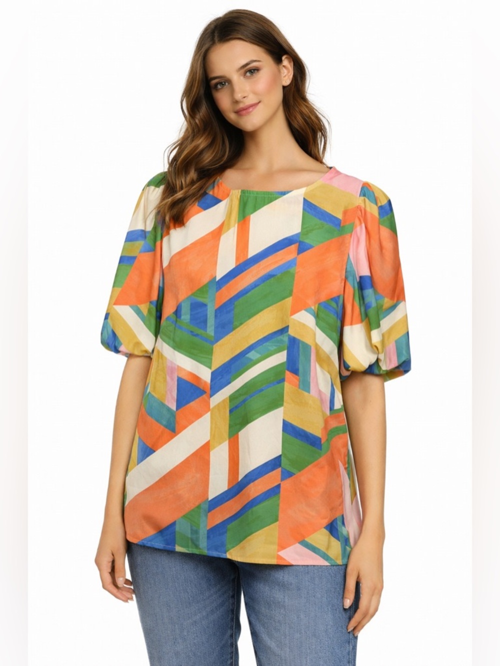 Flying Tomato Colorful Geometric Blouse Small‎ Statement Top